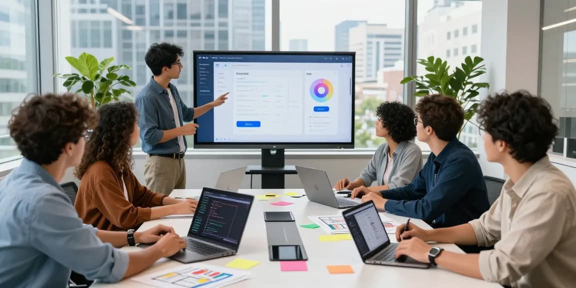 Collaborative tech professionals demonstrating how to build internal tools with AI in a vibrant workspace.