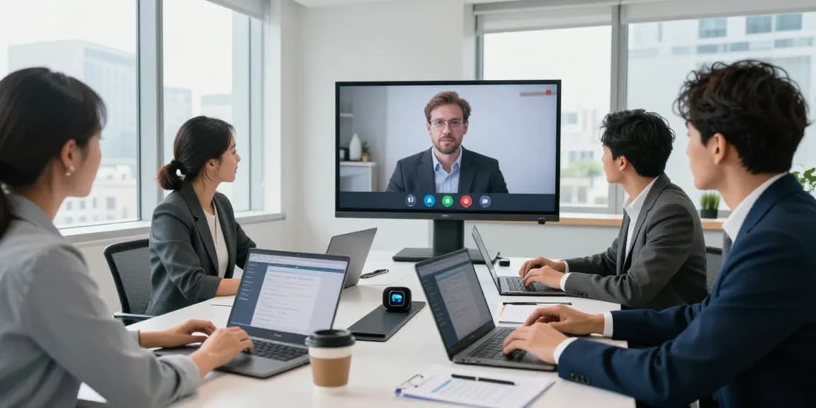 Team collaborating on remote call control solutions in a modern office setting.