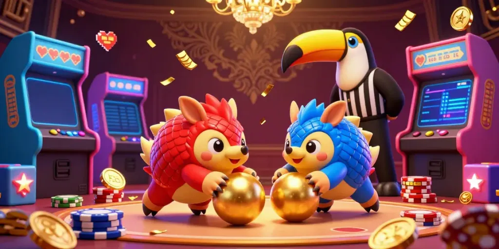 Experience dynamic sports betting action with kèo nhà cái as rival pangolins compete amidst colorful casino elements.