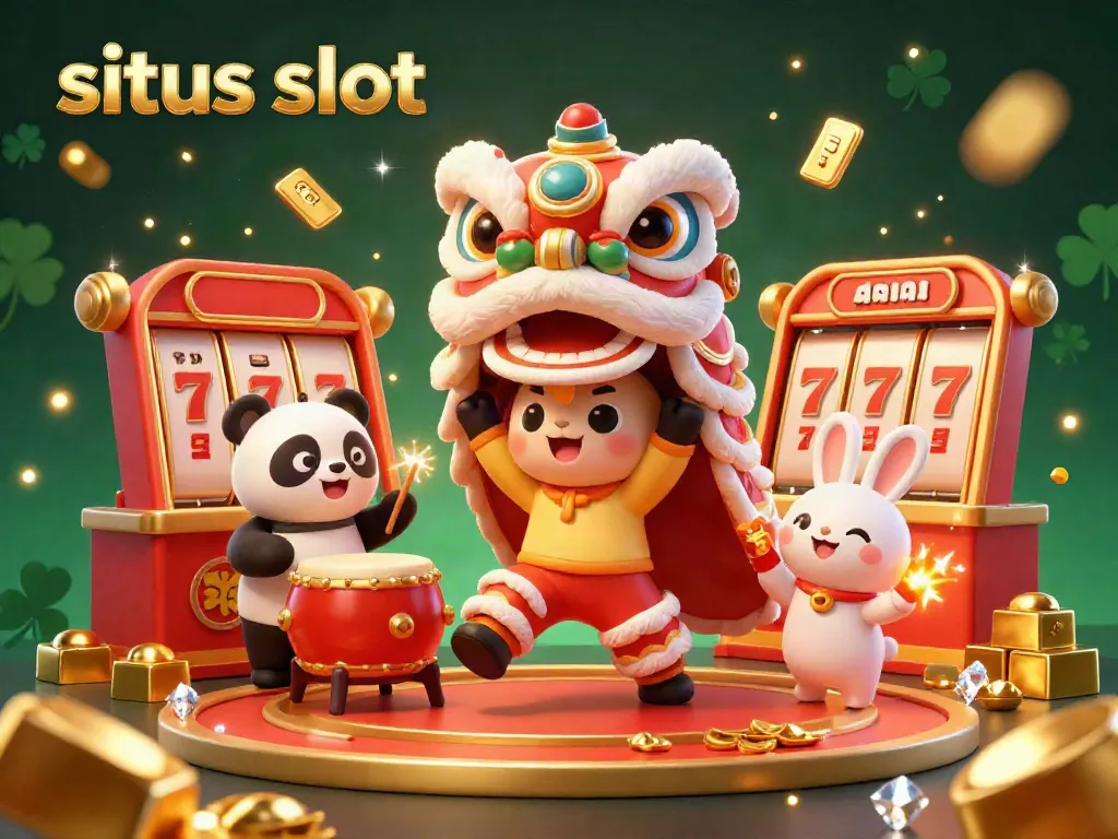 Experience situs slot excitement with a lively lion dance, panda, and treasure in this casino scene.