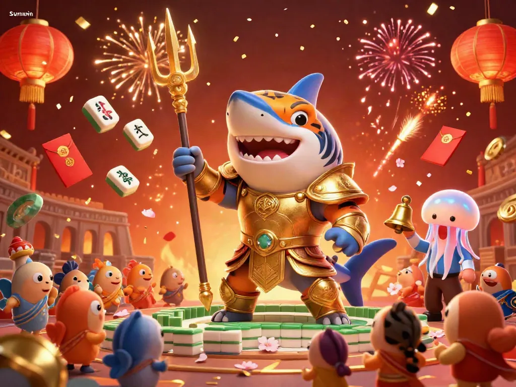 Experience the excitement of Sunwin with an underwater colosseum scene featuring vibrant casino elements and a shark in gladiator armor.