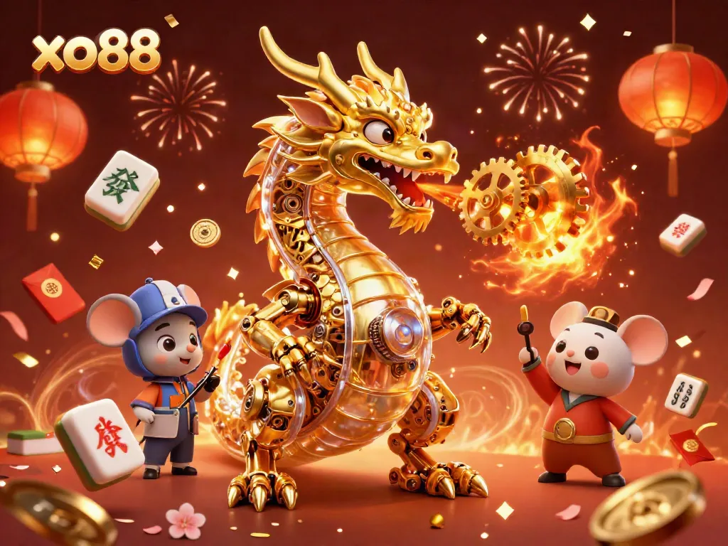Experience exhilarating gameplay at xo88 with a dynamic 3D dragon and festive casino elements.