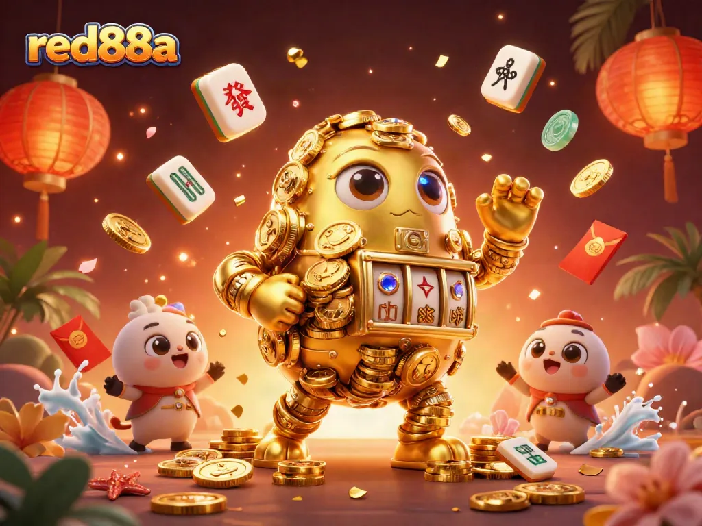 Engage with red88a in a dynamic casino scene featuring a golden golem surrounded by lucky symbols.
