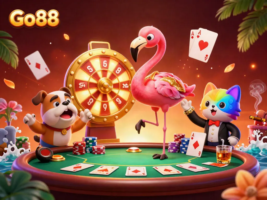 Experience exciting gaming at Go88 with a vibrant illustration of a game show host, bulldog contestant, and prizes.