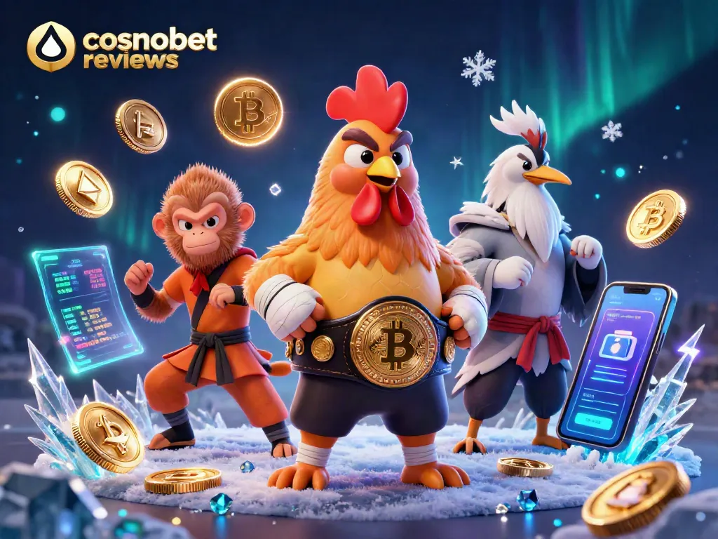 Experience exciting cosmobet reviews through an engaging 3D cartoon illustration featuring dynamic characters and crypto elements.