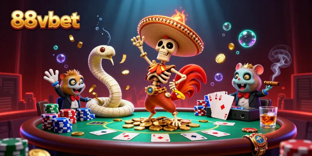 Enjoy the excitement of 88vbet with vibrant characters dancing atop coins in a colorful casino scene.