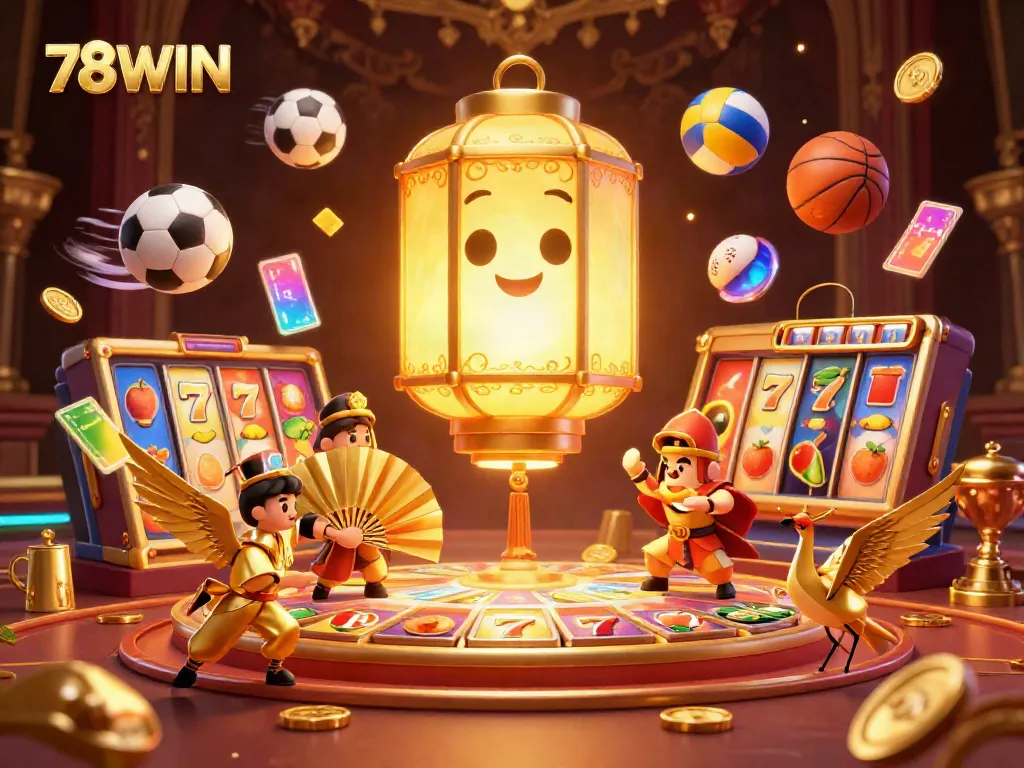 Play games and win big at 78WIN with a vibrant casino scene filled with golden lanterns, lucky symbols, and exciting game elements.