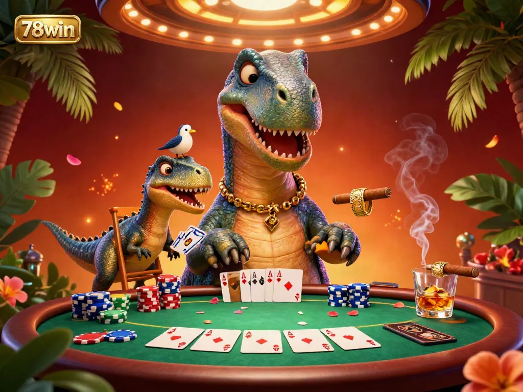 Experience the thrilling world of 78win where a giant cartoon brontosaurus watches an intense poker game filled with action and excitement.