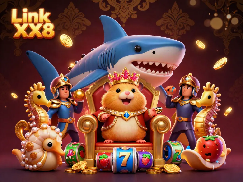 Engage with the thrill of Link XX8 featuring a golden hamster king on a megalodon throne amidst colorful slots and casino elements.