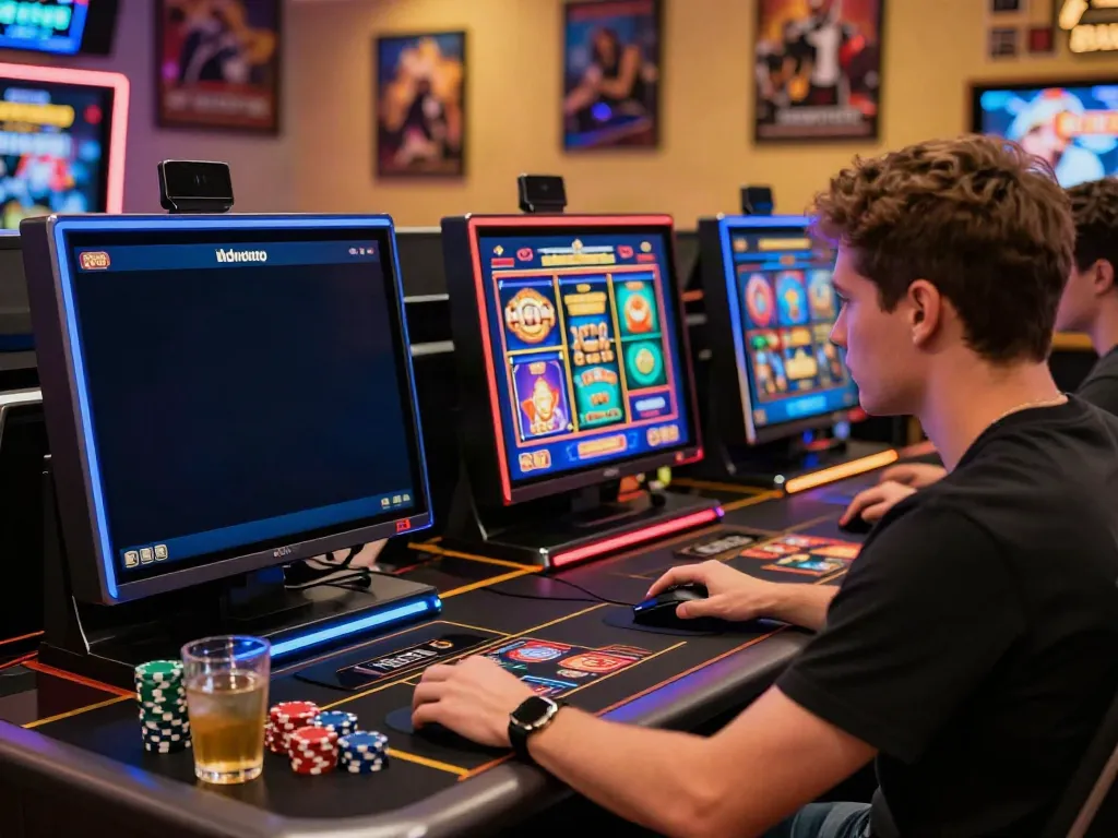 Player gaming on laptop at a uk online casino not on gamstop, surrounded by gaming accessories and vibrant atmosphere.