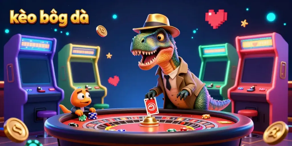 Engage with kèo bóng đá at an exciting roulette table where a velociraptor card counter blends with vibrant characters in a lively casino.