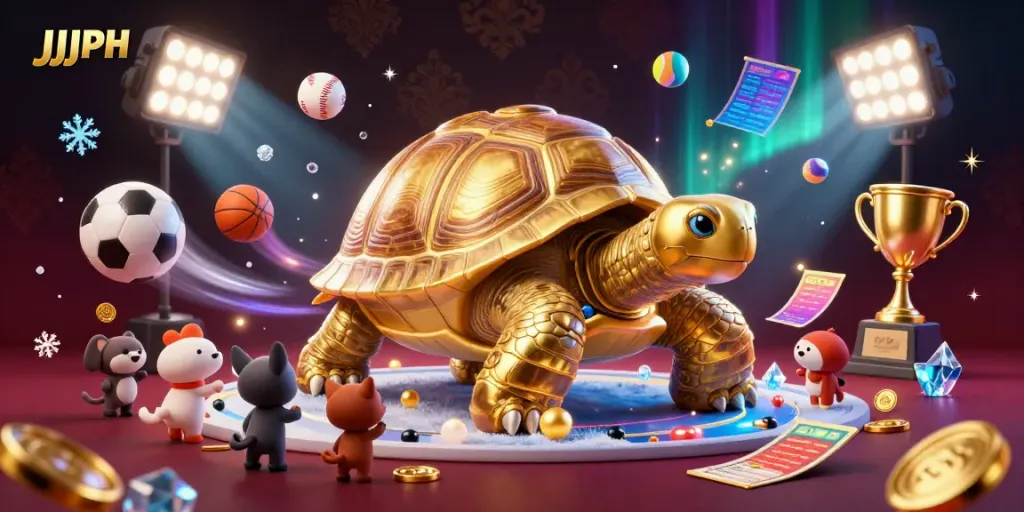 Engage in the fun with JJJPH's colorful 3D illustration of a colossal gaming tortoise with a vibrant casino atmosphere.