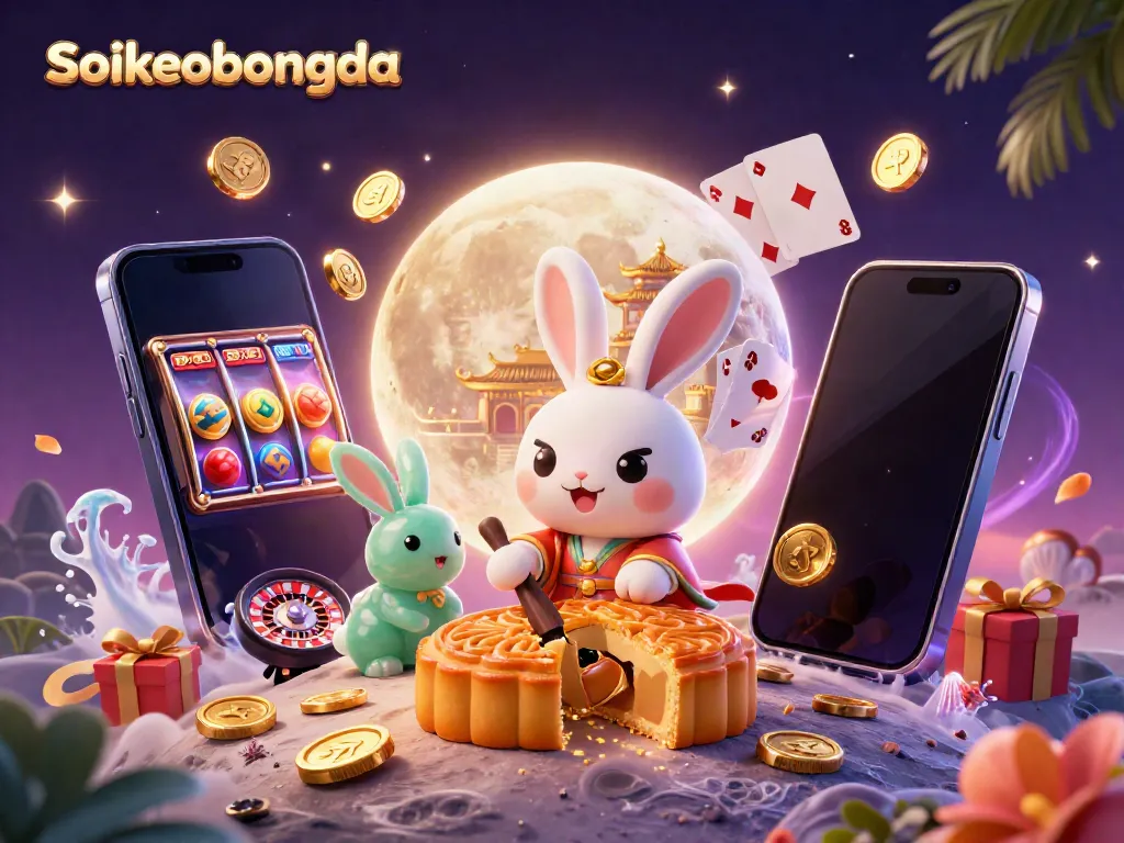 Soikeobongda illustrates a moon rabbit unveiling poker chips from mooncakes amidst casino elements.