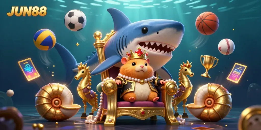 Experience the excitement of JUN88 with a vibrant 3D illustration of a hamster king's casino throne amidst dynamic gaming elements.