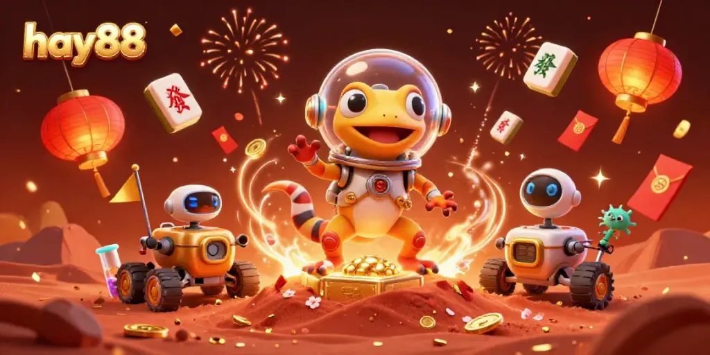 Join the excitement at hay88 with a Martian gecko exploring a golden casino, celebrating triumph and fun.