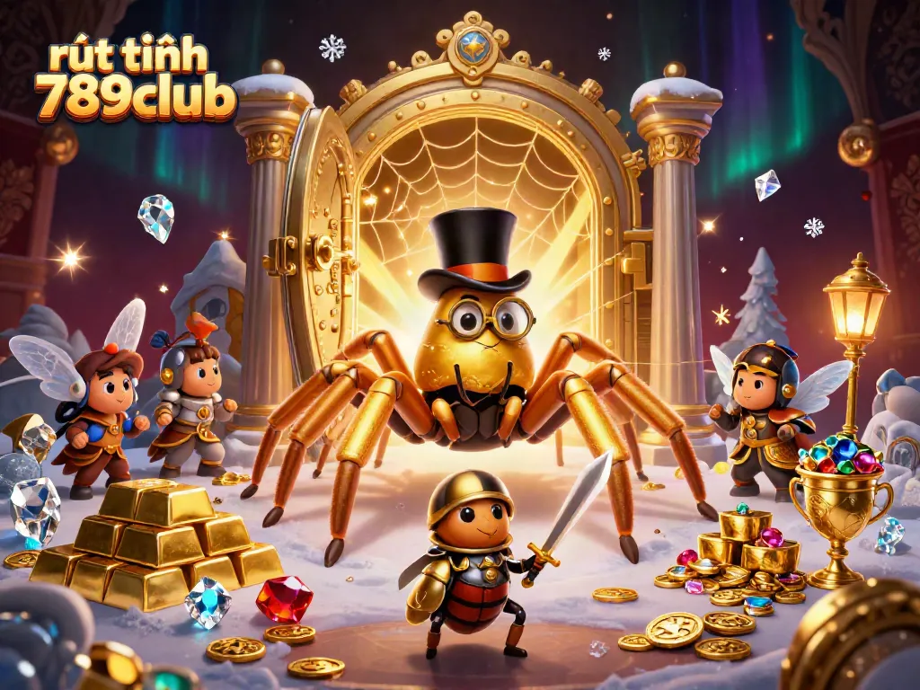 Engage in rút tiền 789club with vibrant 3D illustration showcasing a giant golden tarantula and treasure vault.