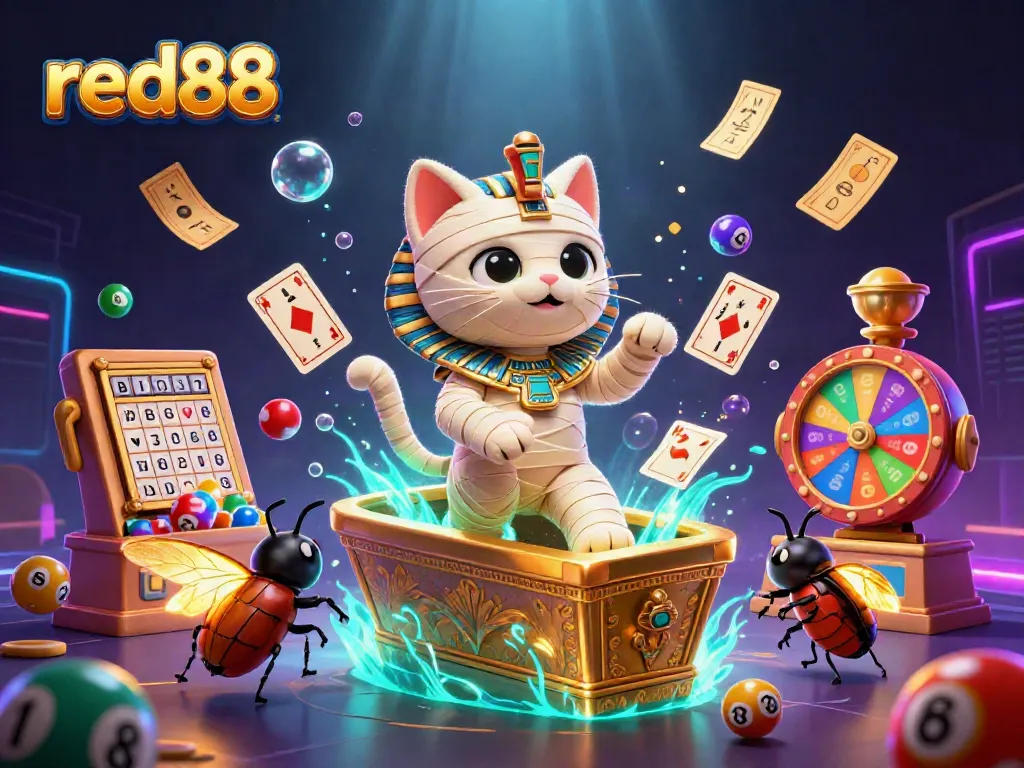 Experience the thrilling red88 casino scene with a mummy cat and colorful casino elements.