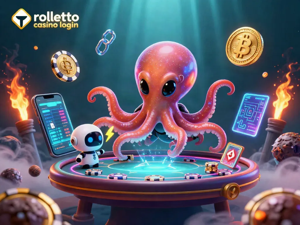 Engage with rolletto casino login featuring a triumphant alien octopus at a holographic poker table amidst vibrant crypto elements.