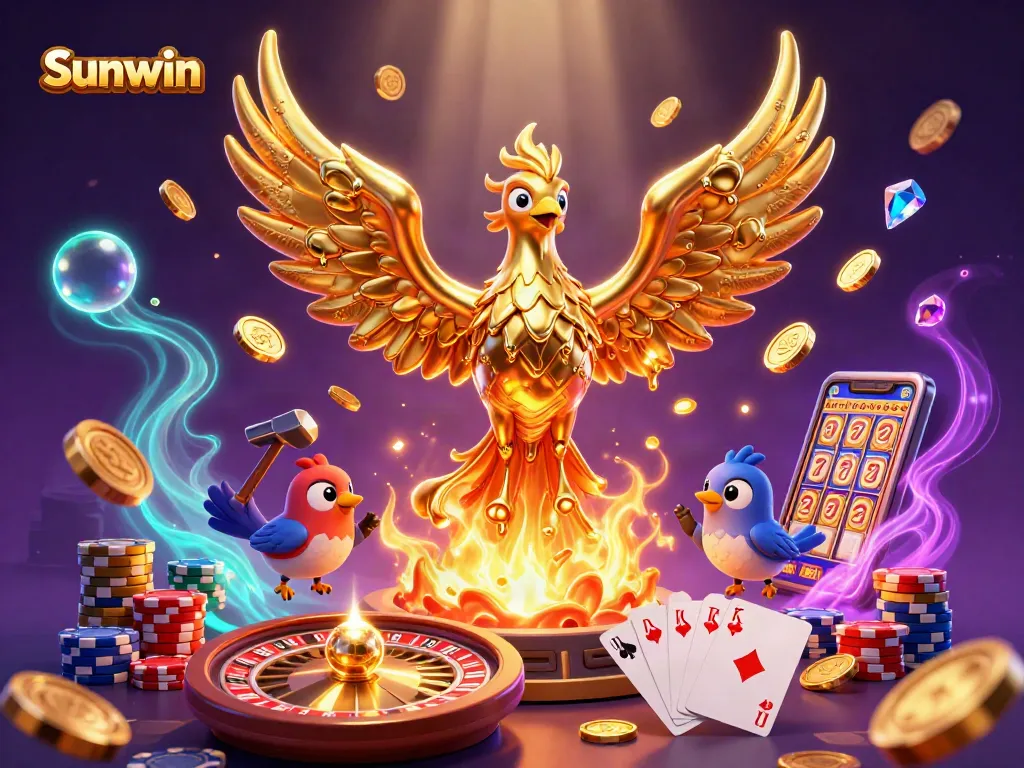 Engage with Sunwin's spectacular online gaming experience featuring golden phoenix and cascading coins.