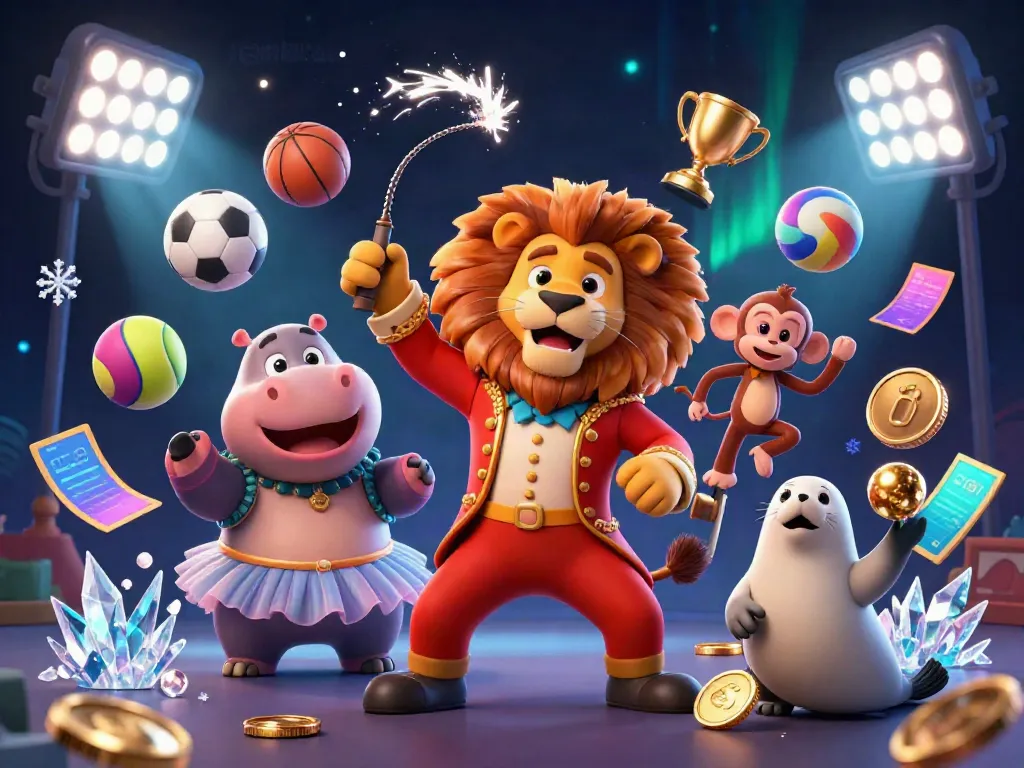 Engage with jambitoto's exciting 3D circus-themed gambling scene featuring vibrant characters and elements.