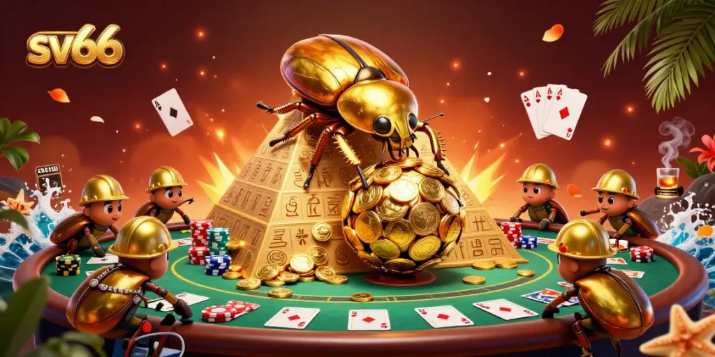 Experience thrilling gameplay at sv66 with a vibrant casino illustration of a golden beetle scene.