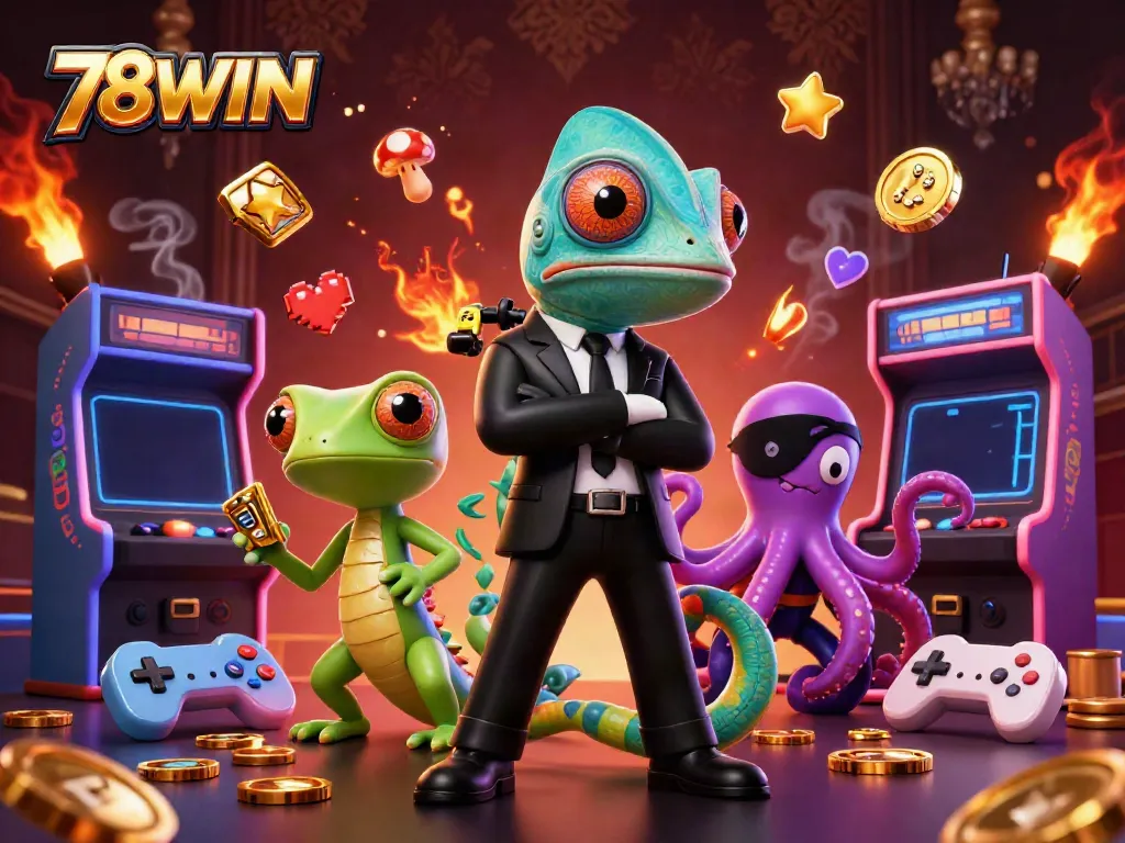Experience thrilling gaming action with 78WIN's vibrant casino scene featuring colorful characters and arcade elements.
