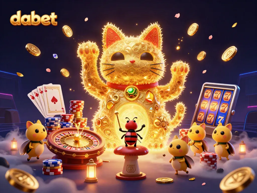 Experience the thrill of dabet gaming with a vibrant illustration of a lucky cat and casino elements.