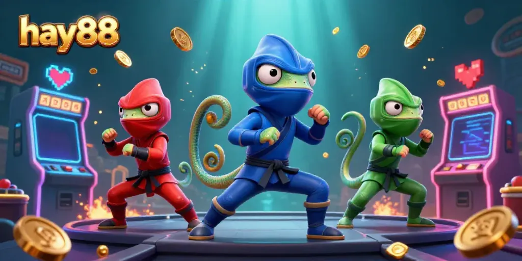 hay88 inspires thrilling gameplay with vibrant chameleons and dynamic casino elements in a lively illustration.