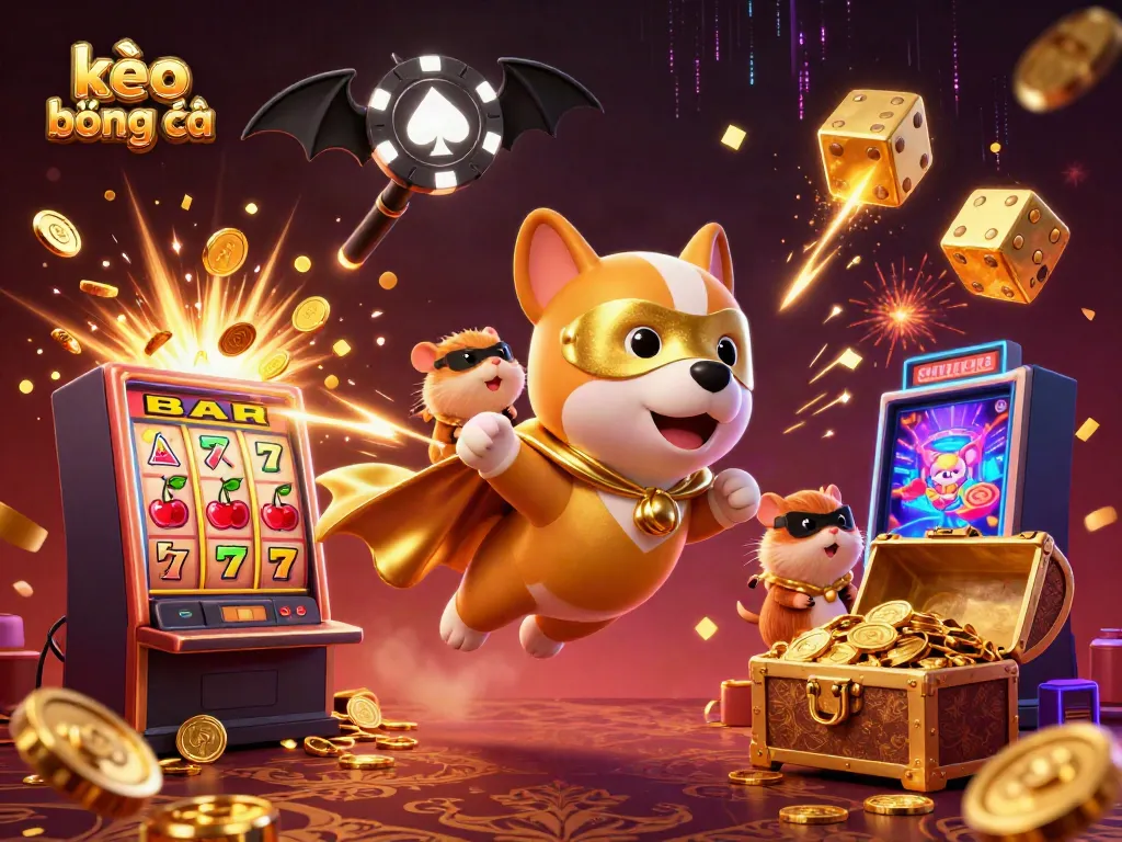 Dynamic scene showcasing kèo bóng đá with a superhero dog and vibrant casino elements bursting with energy.