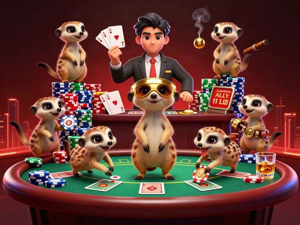 Experience thrilling games and dynamic action at F8BET, featuring playful meerkats in a vibrant casino scene.