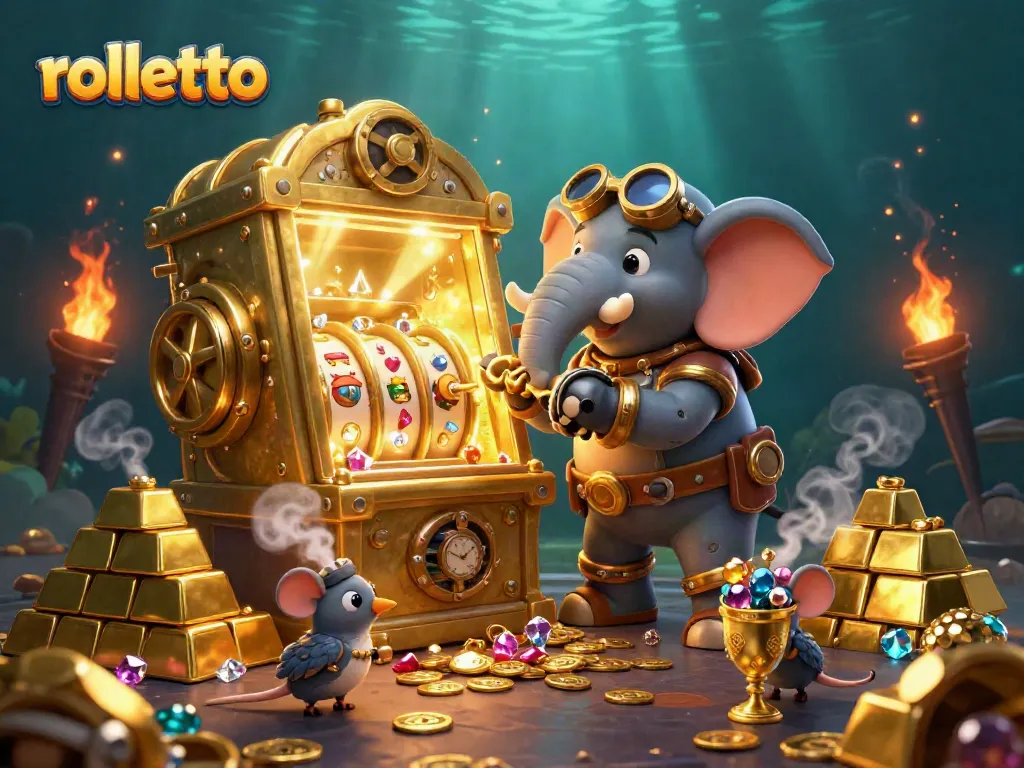 Spin the rolletto slot machine amidst treasures and steampunk charm in a vibrant casino scene.