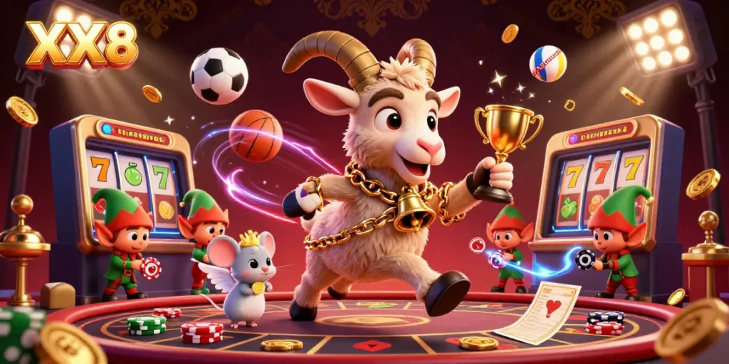 Experience thrilling gaming action at XX8 casino with festive characters in a dynamic 3D scene.