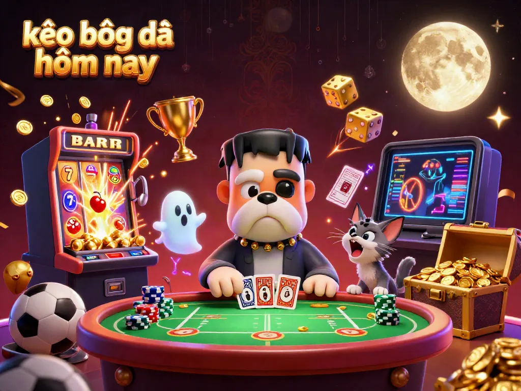 Bet on kèo bóng đá hôm nay with lively characters like Frankenstein bulldog at a dynamic betting table