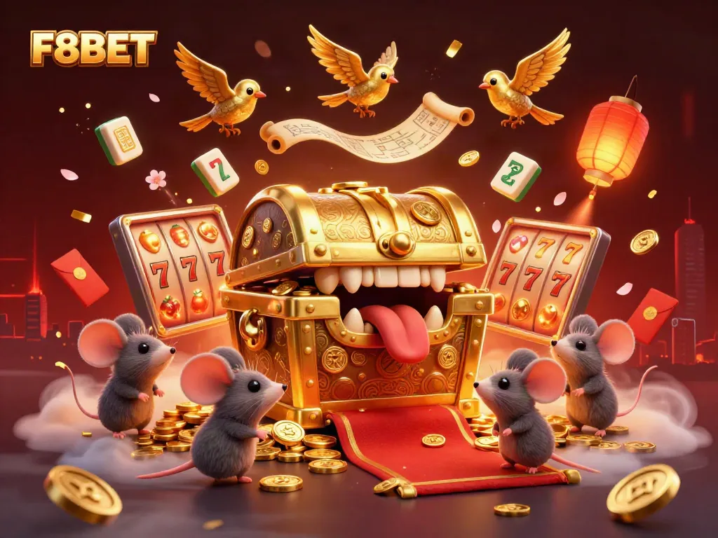Experience the excitement of F8BET casino with dynamic slots, golden treasures, and festive elements attracting adventurers.
