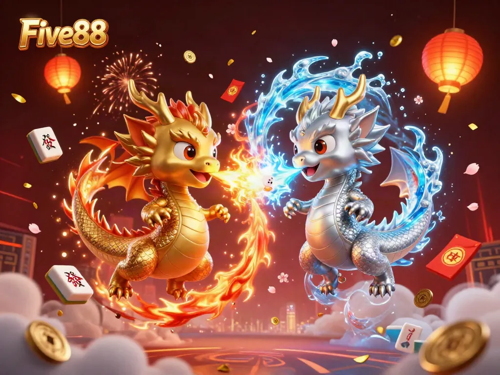 Experience the thrill of gaming with Five88, where dragons unleash fire and ice amidst vibrant casino elements.