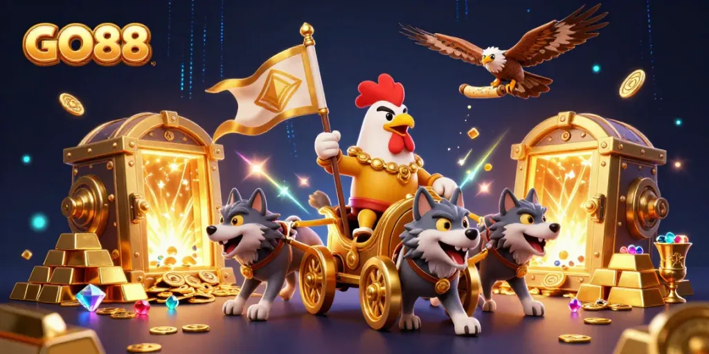 Experience GO88's thrilling adventures with stunning visuals in a cartoon-style illustration.