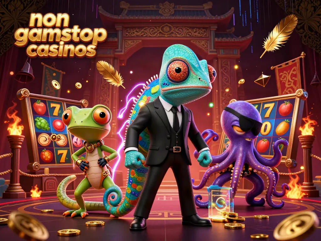 The dynamic scene illustrating non gamstop casinos features a Bond-style chameleon, a tech-gecko, and a villainous octopus among vibrant casino elements.