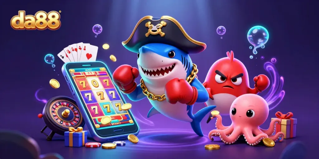 Play da88 slots with dynamic cartoon characters in a vibrant casino underwater scene.