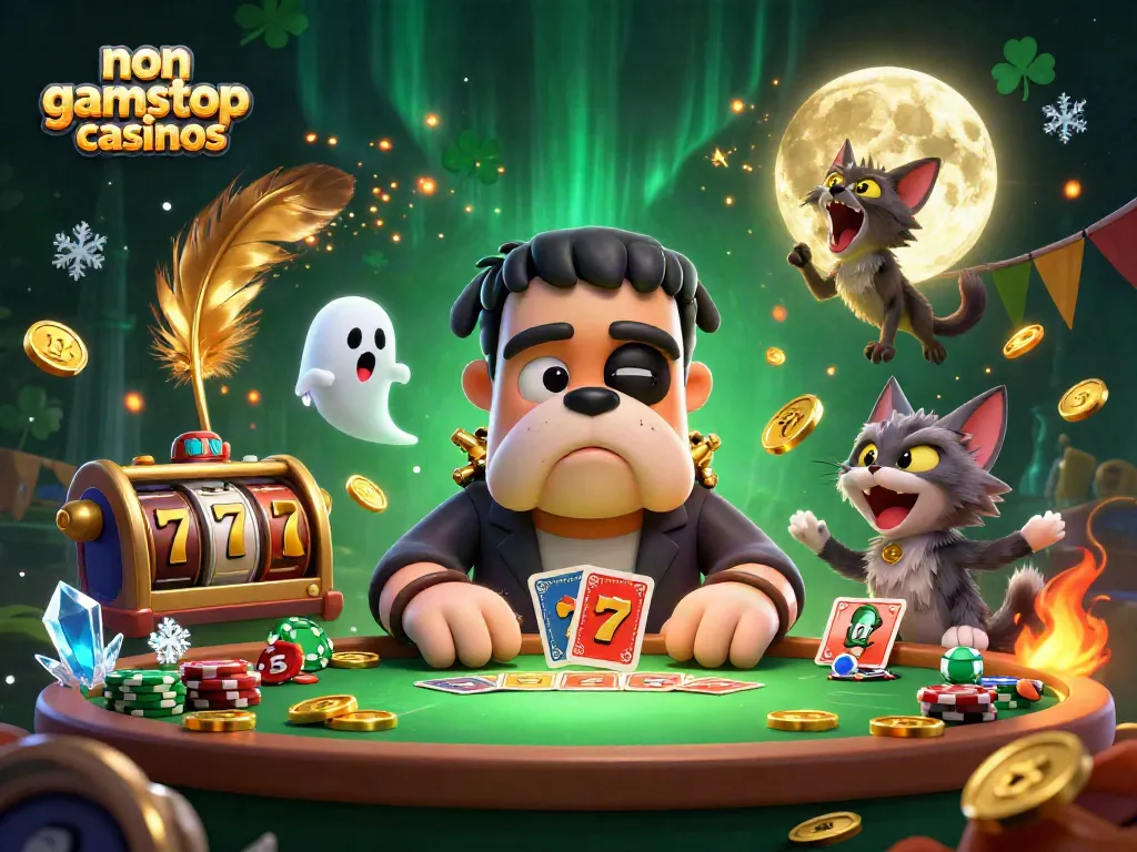 3D cartoon Frankenstein bulldog dealing cards at a casino-themed table with golden elements, showcasing non gamstop casinos' vibrant atmosphere