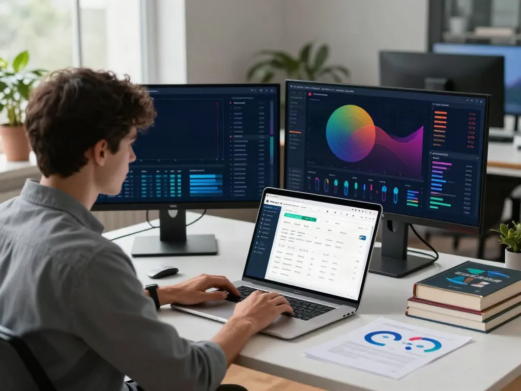 SEO specialist analyzing instant indexing data in a modern workspace