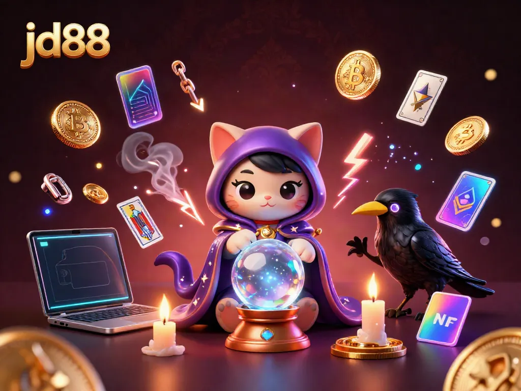 Experience jd88's enchanting online casino world with a curious fortune teller cat and glowing raven.