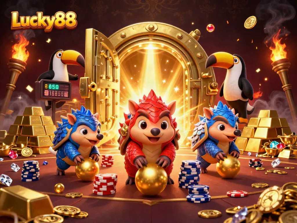 Experience Lucky88 excitement with vibrant pangolins bowling through poker chips in a thrilling casino scene.