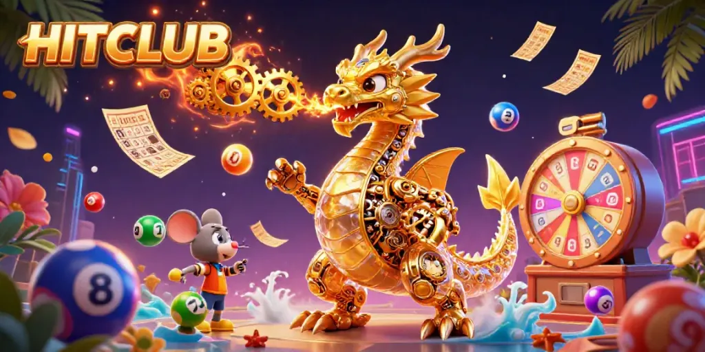 HITCLUB showcases a lively 3D illustration featuring a golden dragon and vibrant game elements.