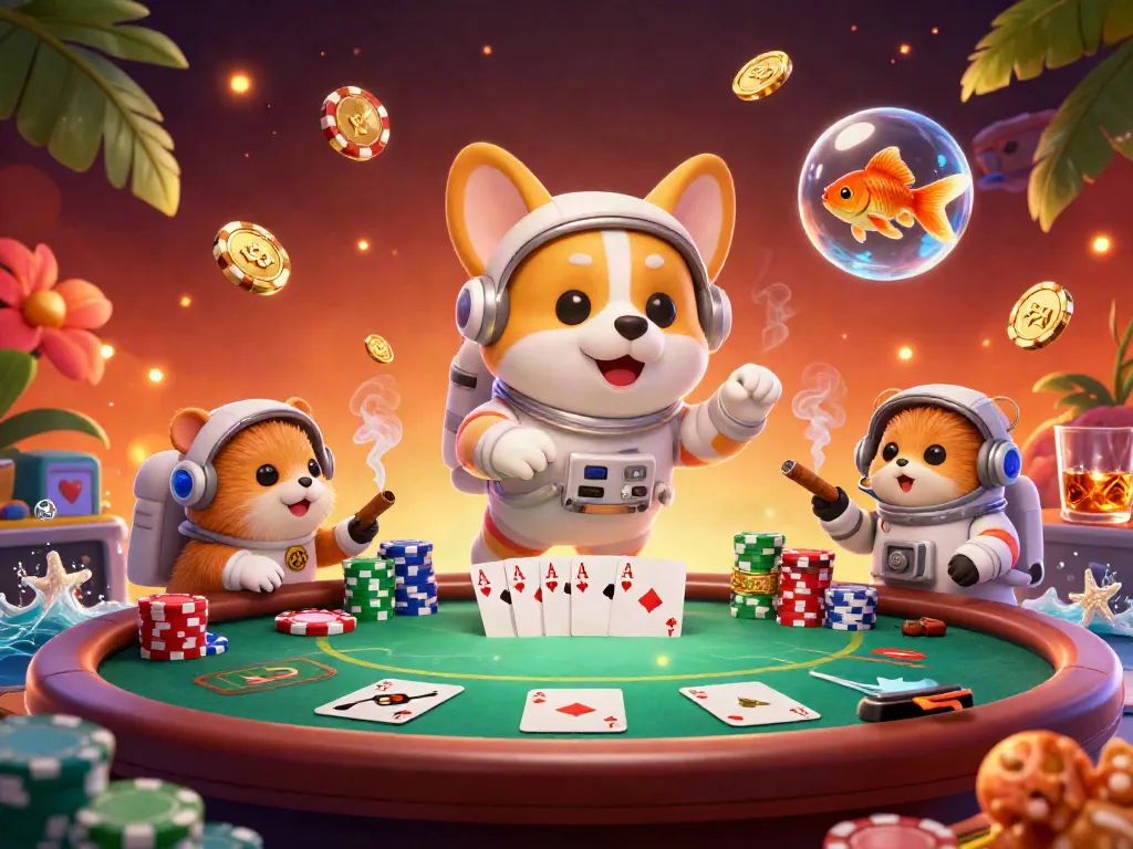 xoso66 brings joy with a playful scene of a floating corgi in a casino space, playing cards, and chips swirling around.