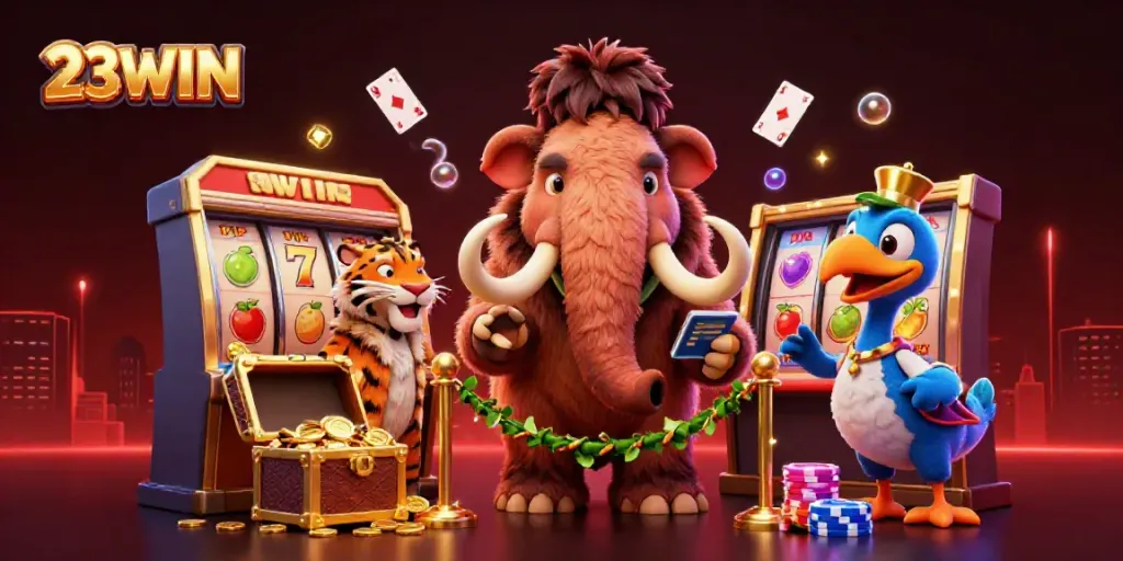 Engage with 23WIN’s vibrant casino scene featuring a woolly mammoth bouncer, a saber-tooth VIP, and stunning game elements.