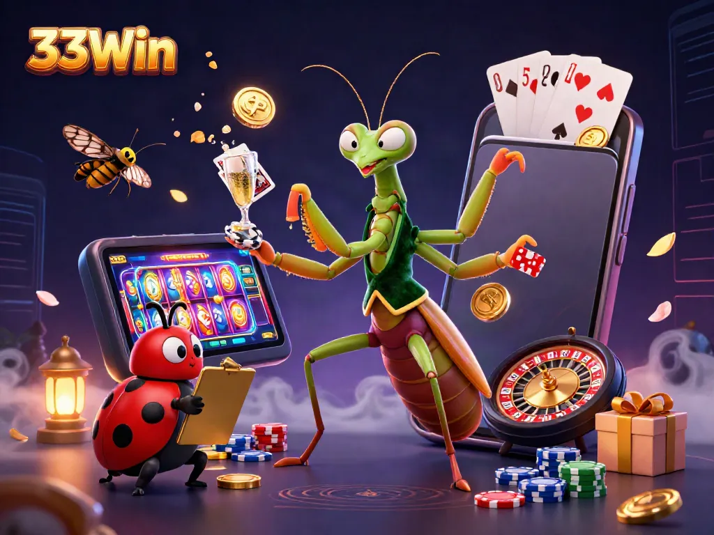Experience thrilling fun at 33Win with dynamic gambling action, featuring colorful slot games and card dealers.