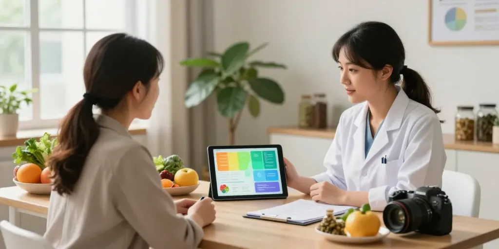 Functional Nutrition Surrey consultation scene with a nutritionist and client discussing health plans.