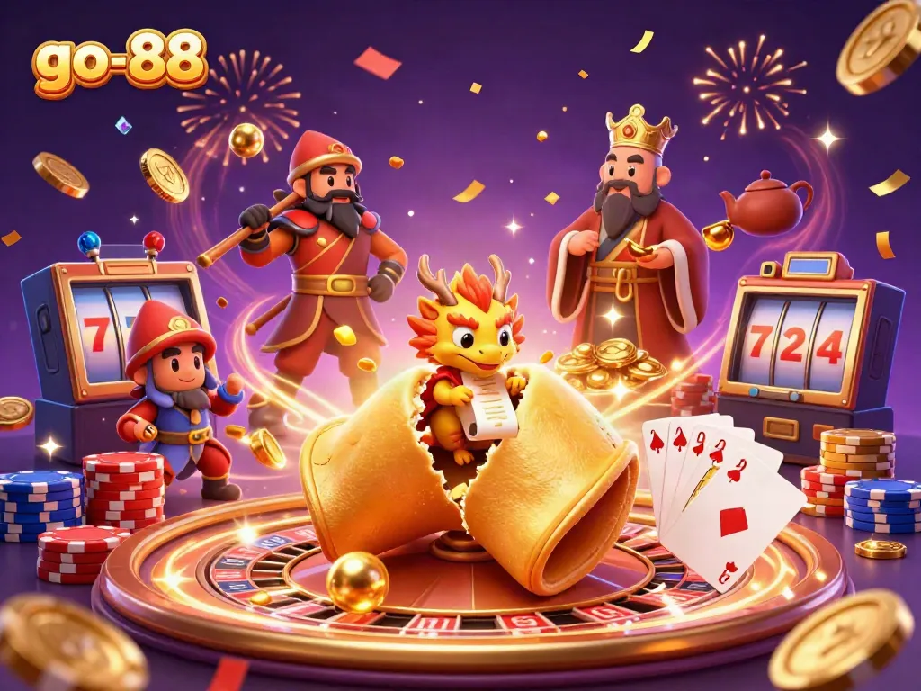 Experience the excitement of go-88 with this vibrant casino scene showcasing a magical fortune cookie and gaming elements.