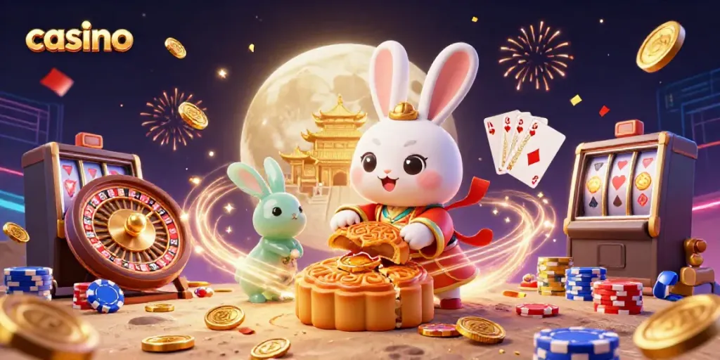 Casino scene with moon rabbit cracking mooncakes revealing poker chips, vibrant game elements.