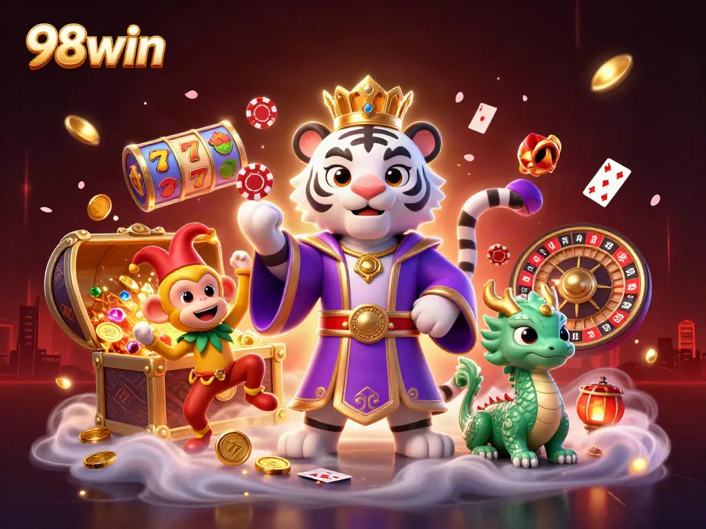 Experience the thrill of 98win with a vibrant casino scene featuring dynamic gaming elements.